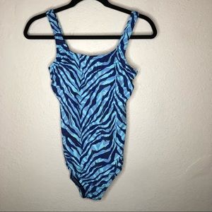 Lands' End Blue Zebra Print UPF 50+ One Piece Swimsuit Size 8